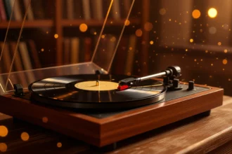 Egy vintage lemezjátszó, amelyen egy fekete vinyl lemez forog, puha fényben.