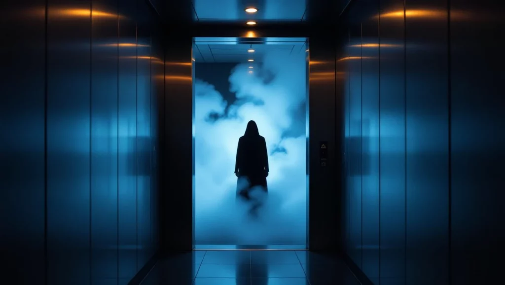 Egy lift ajtaja nyitva, mögötte ködös, titokzatos alak áll.