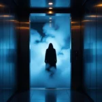 Egy lift ajtaja nyitva, mögötte ködös, titokzatos alak áll.