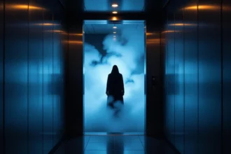 Egy lift ajtaja nyitva, mögötte ködös, titokzatos alak áll.