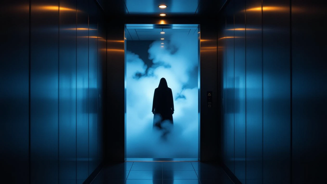 Egy lift ajtaja nyitva, mögötte ködös, titokzatos alak áll.