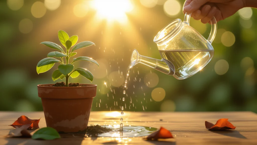 Egy kezében öntözőkannát tartó személy locsol egy zöld növényt napfényben.