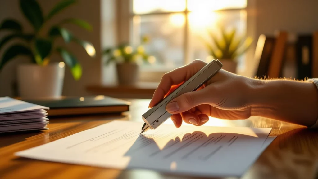 Egy kéz lyukasztóval papírokat lyukaszt, háttérben napfény és növények.