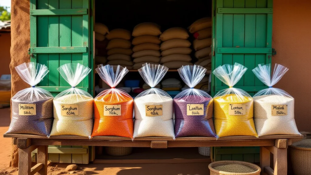 Színes magokkal teli zsákok egy bolt előtt, szimbolizálva az új kezdeteket.