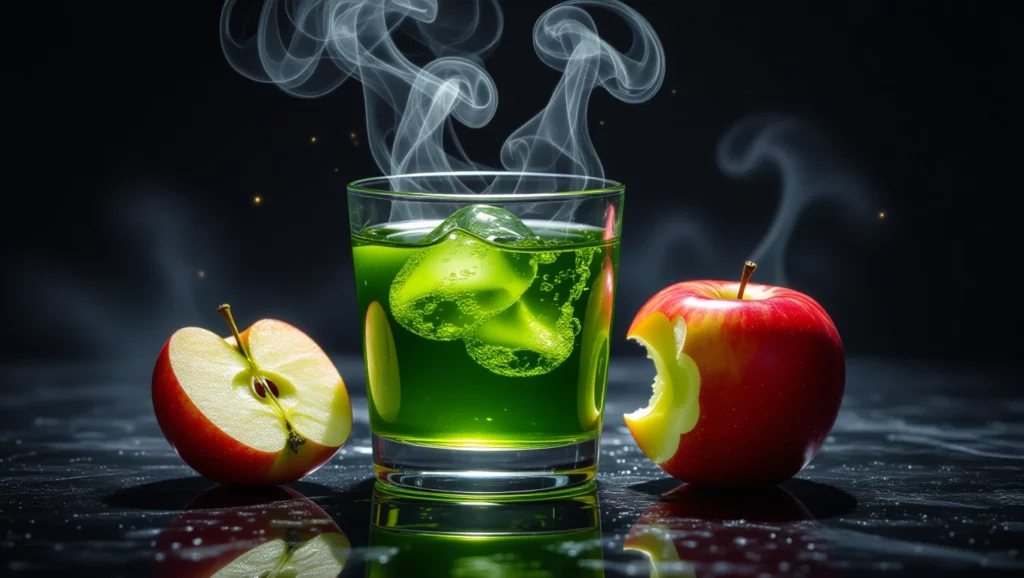Zöld ital gőzölög egy pohárban, mellette piros és zöld alma félbevágva.