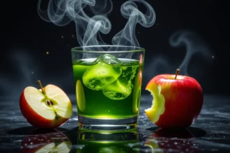Zöld ital gőzölög egy pohárban, mellette piros és zöld alma félbevágva.