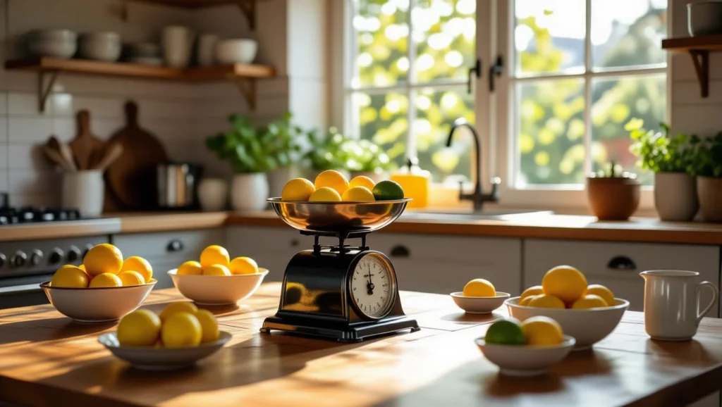 Egy konyhai mérleg, rajta citromok, körülötte gyümölcsök és világos környezet.