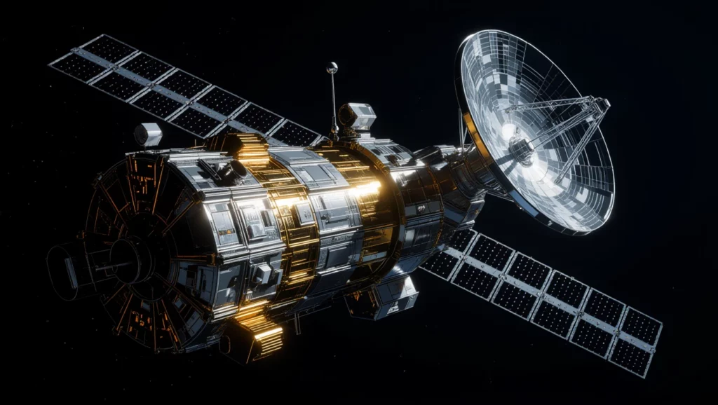 Egy műhold látványos ábrázolása, amely az űrben lebeg.