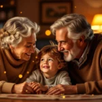 Egy idős pár boldogan játszik unokájukkal, nosztalgikus hangulatban.