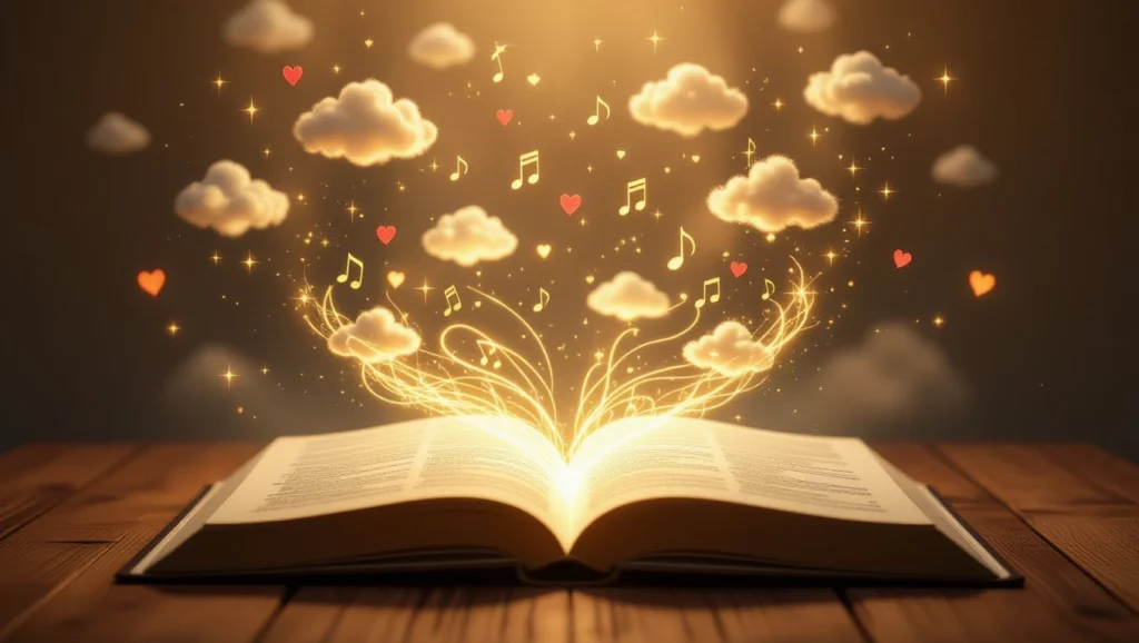 Egy nyitott notesz, amelyből szívek, felhők és zenei jegyek szállnak fel, szimbolizálva az álmaink világát.