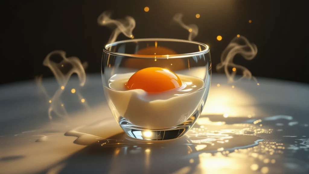 Egy üvegben nyers tojás látható, a sárgája középpontban, körülötte ködös pára.