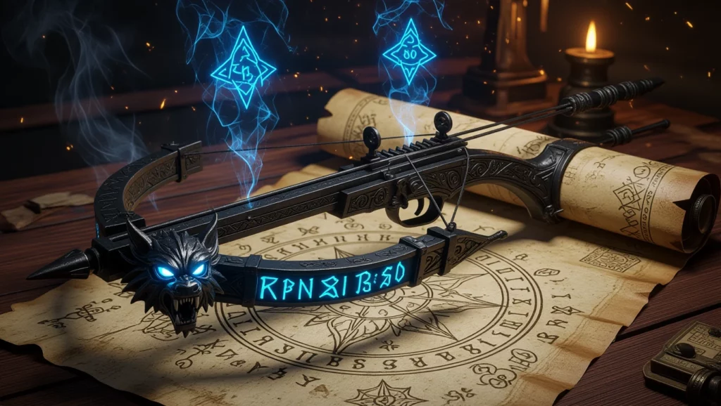 Egy misztikus nyílpuska, varázslatos jelekkel, egy térképen és gyertyafénynél.