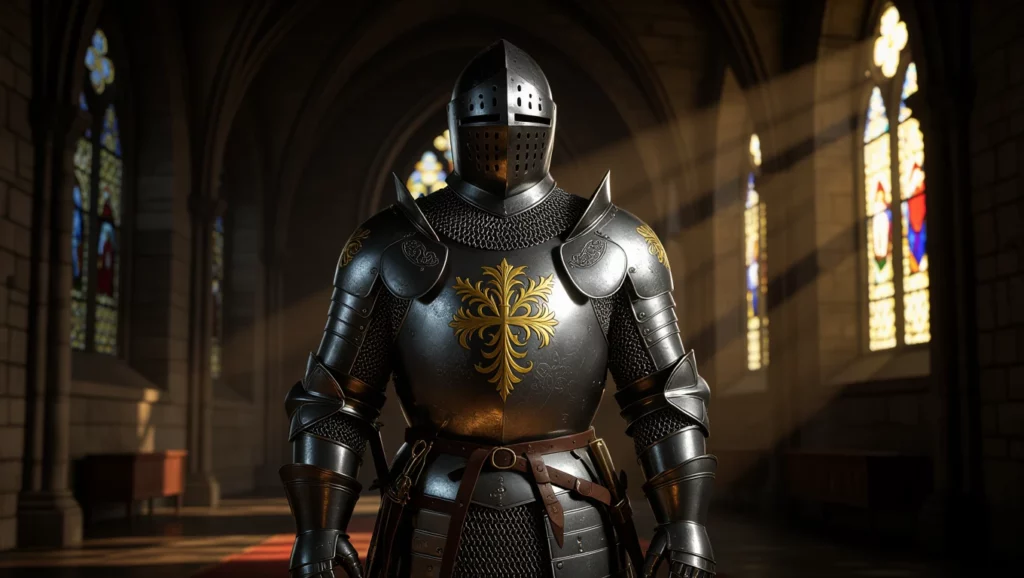 Egy középkori páncélos lovag áll egy templomban, fényes fém páncéllal.