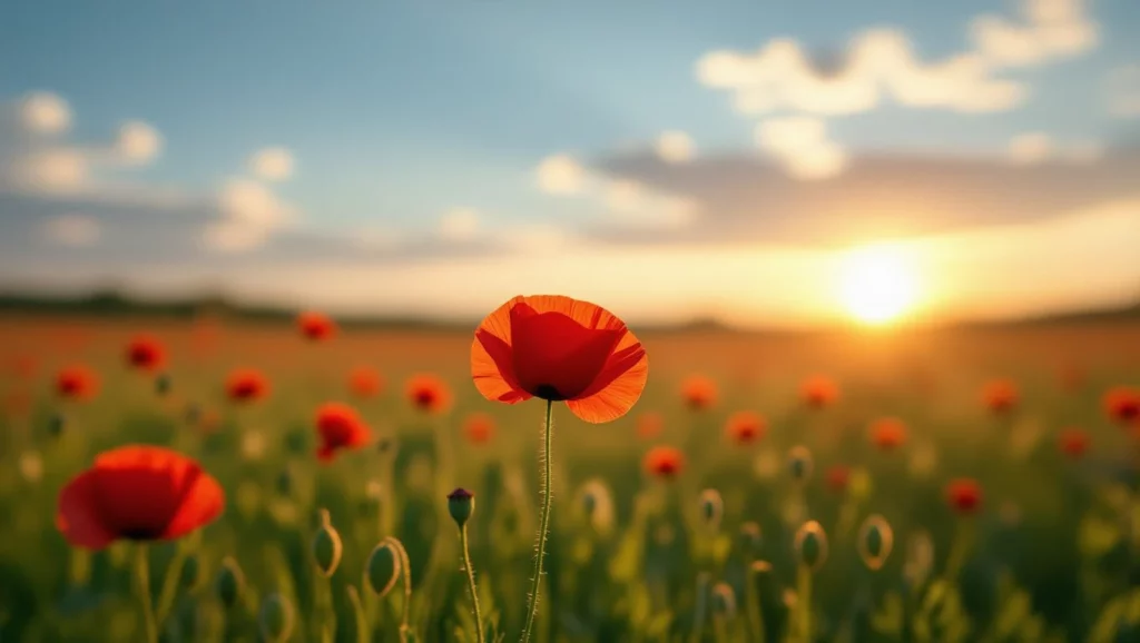 Egy pipacs virágzik egy naplementés mezőn, a háttérben lágy felhők.