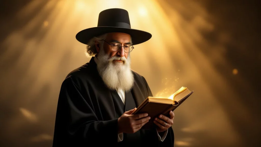 Egy bölcs rabbi, aki egy könyvet tart a kezében, fényben áll.