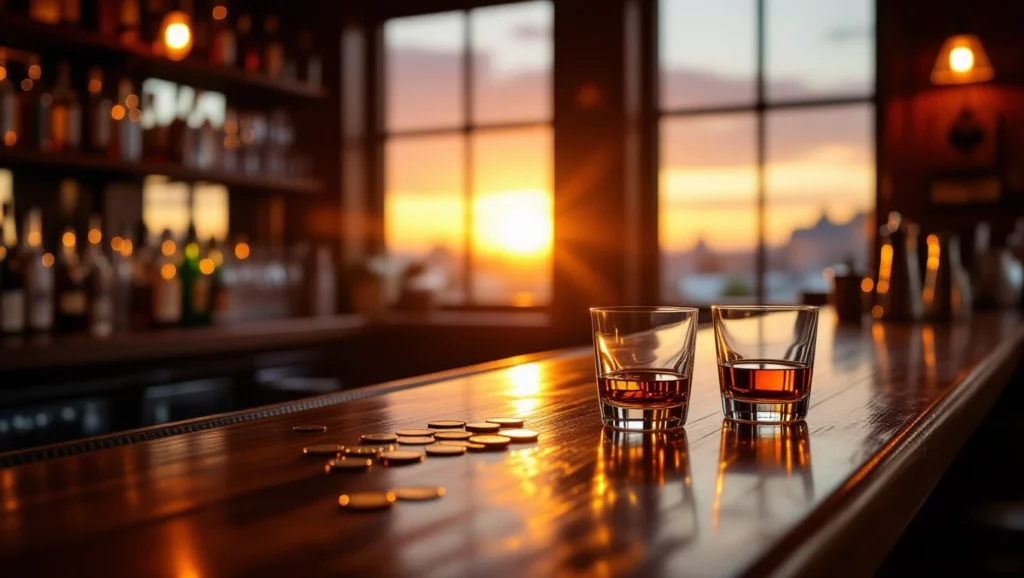 Két pohár ital áll egy pulton, miközben a nap lenyugszik a háttérben.