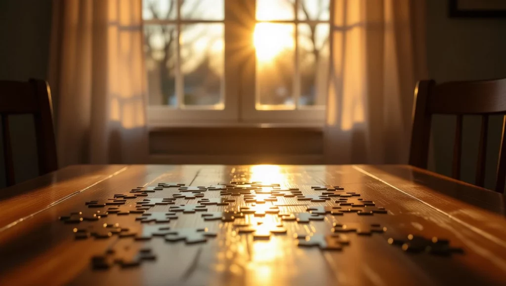 Egy asztalon szétszórt puzzle darabok, a háttérben napfényes ablak.