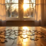 Egy asztalon szétszórt puzzle darabok, a háttérben napfényes ablak.