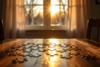 Egy asztalon szétszórt puzzle darabok, a háttérben napfényes ablak.