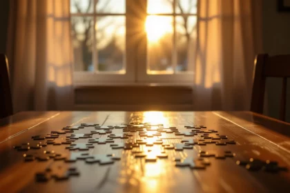 Egy asztalon szétszórt puzzle darabok, a háttérben napfényes ablak.