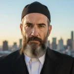 Egy rabbi áll a város hátterében, komoly arckifejezéssel, a naplementében.