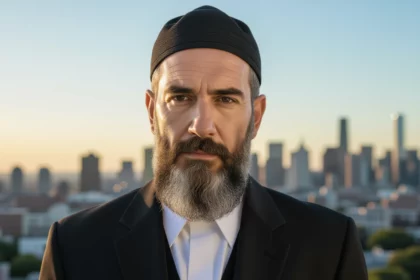Egy rabbi áll a város hátterében, komoly arckifejezéssel, a naplementében.
