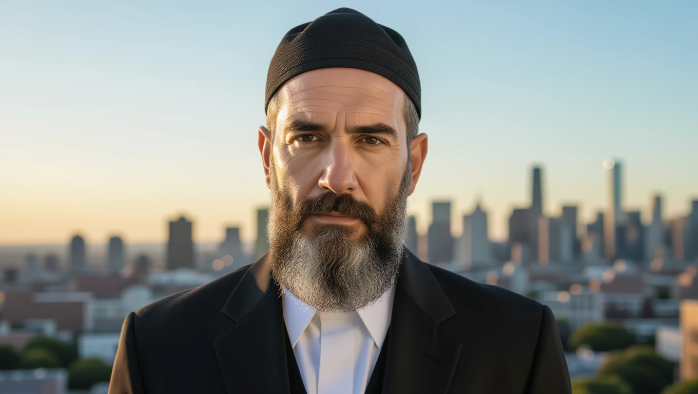 Egy rabbi áll a város hátterében, komoly arckifejezéssel, a naplementében.