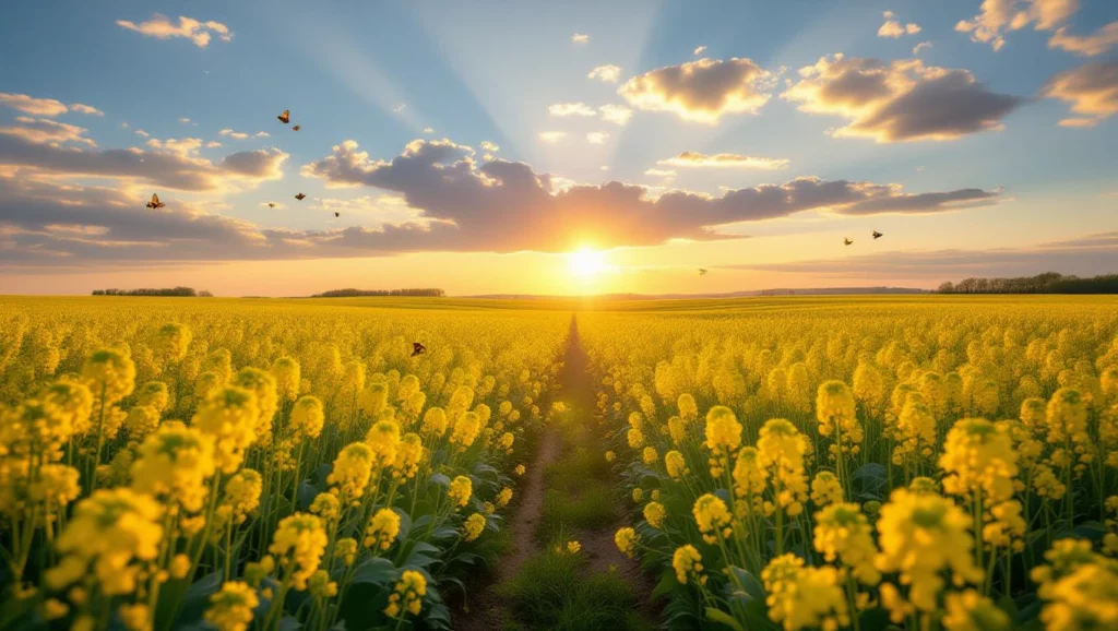 Egy gyönyörű repcemező naplementében, sárga virágokkal és pillangókkal.