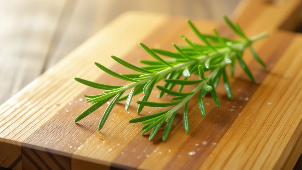 Friss rozmaringág egy fából készült vágódeszkán, természetes háttérben.