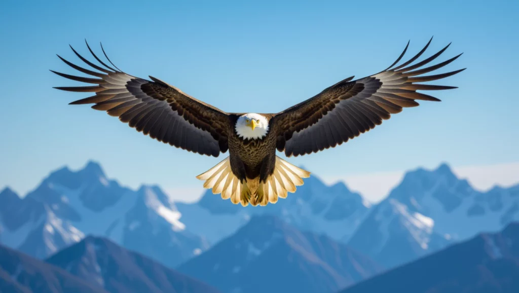 Egy sas hatalmas szárnyaival repül a hegyek felett, kék ég alatt.