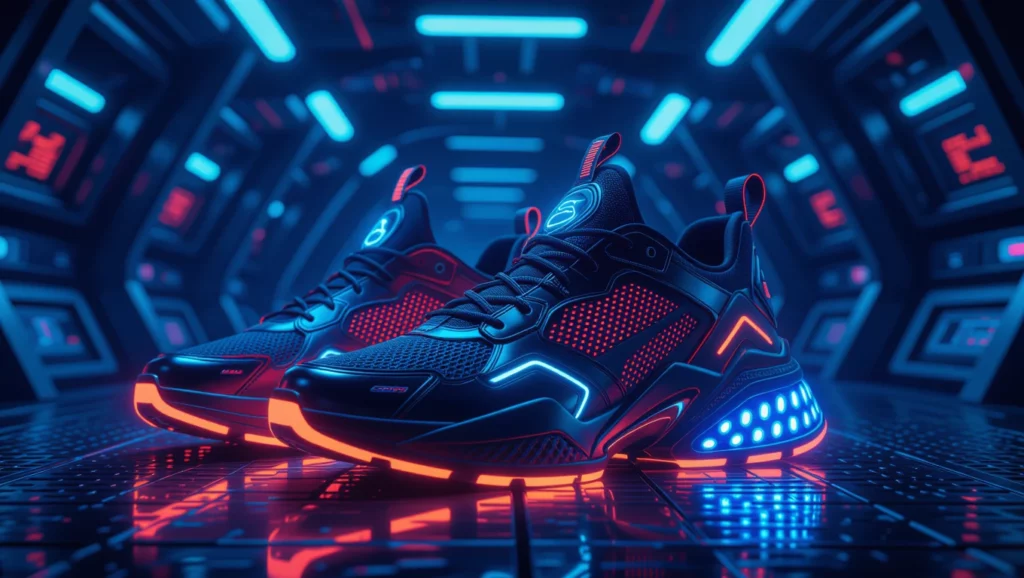 Futurisztikus sportcipők neonfényben, modern háttérrel, változást szimbolizálva.