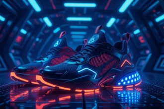Futurisztikus sportcipők neonfényben, modern háttérrel, változást szimbolizálva.