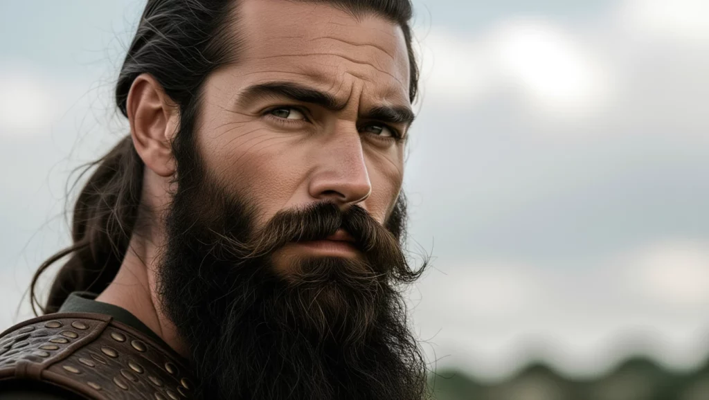 Egy férfi, hosszú, dús szakállal és kontyba kötött hajjal, komoly arckifejezéssel.