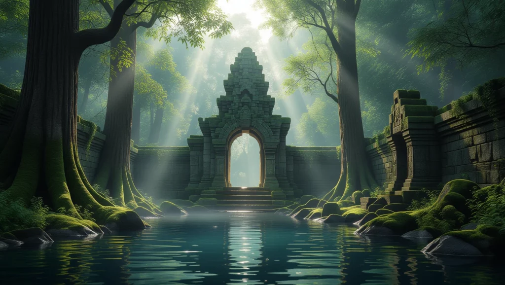 Egy elhagyatott szentély a természet ölelésében, napfény árad át a fák között.