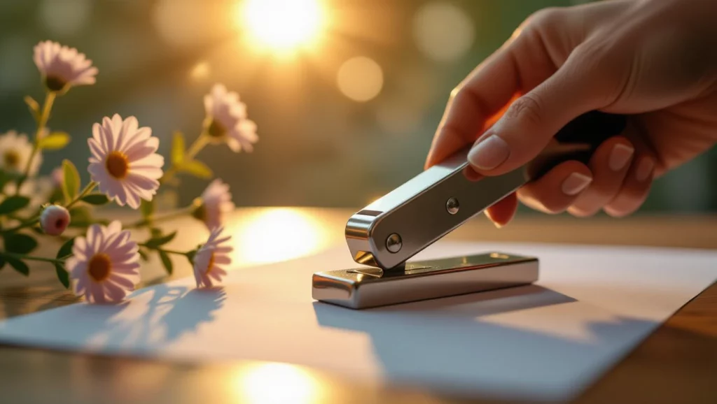 Egy kéz lyukasztót használ, miközben virágok vannak a háttérben.