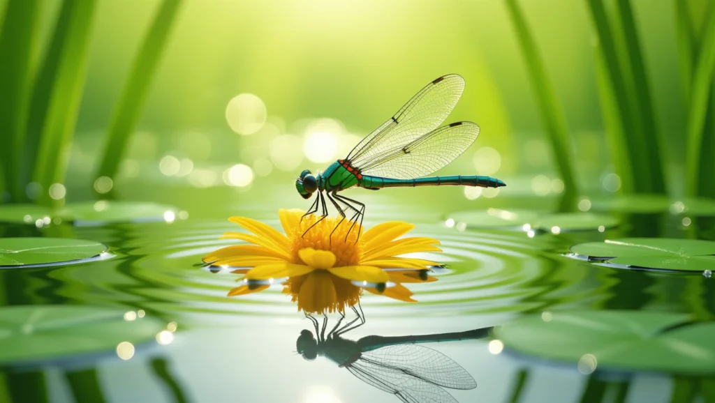 Egy szitakötő ül egy virágon, a víz tükrén megjelenő körgyűrűkkel.