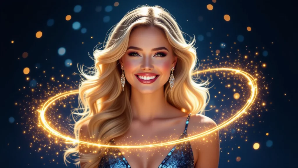 Egy mosolygó nő szőke hajjal, ragyogó ékszerekkel és varázslatos háttérrel.