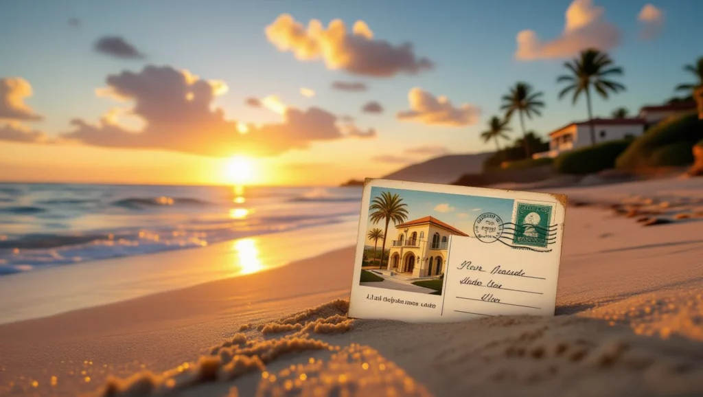 Egy képeslap fekszik a tengerparton, naplementében, pálmafák között.