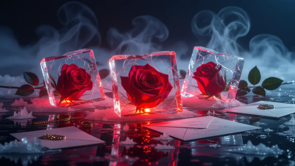 Fagyott rózsák jégkockákban, füstölő hatású háttérrel, mellette levelek és levelek.