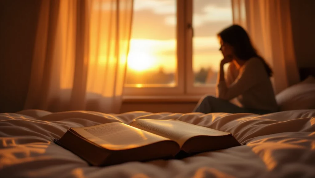 Egy nyitott álmoskönyv fekszik az ágyon, míg a háttérben egy nő a naplementét nézi.
