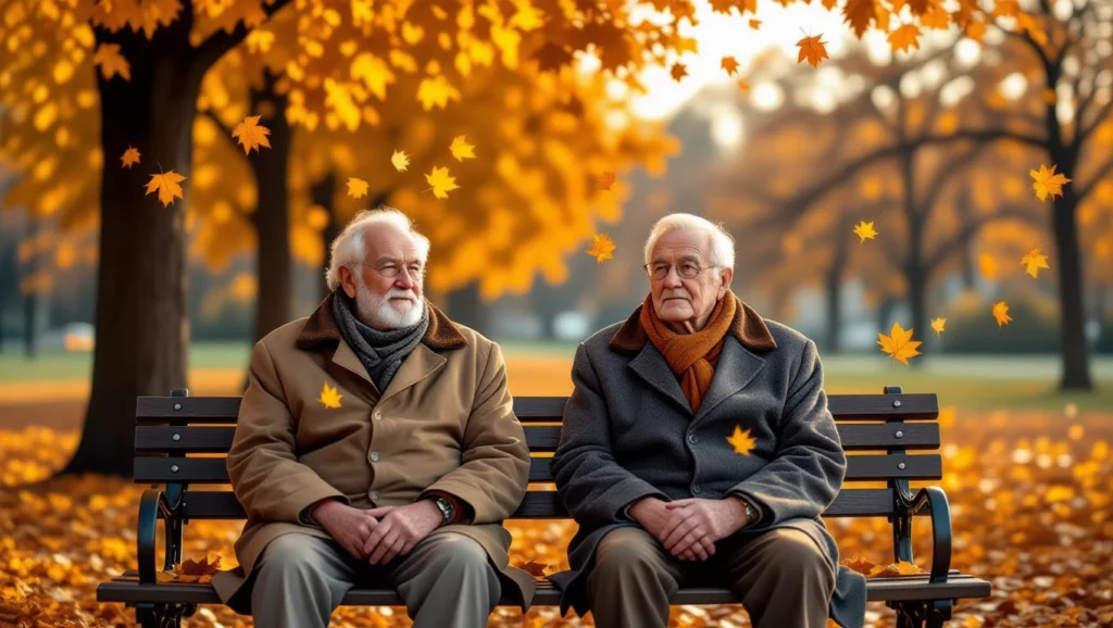 Két idős férfi ül egy padon, körülöttük őszi falevelek hullanak.