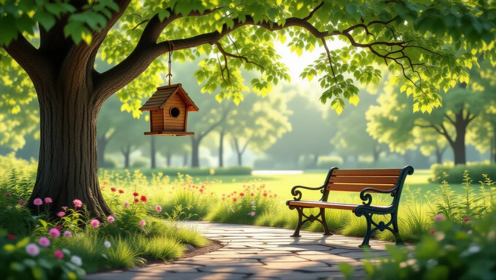 Zöldellő park fákkal, virágokkal és egy odúval, békés környezetben.