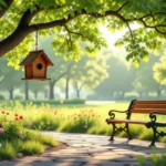 Zöldellő park fákkal, virágokkal és egy odúval, békés környezetben.