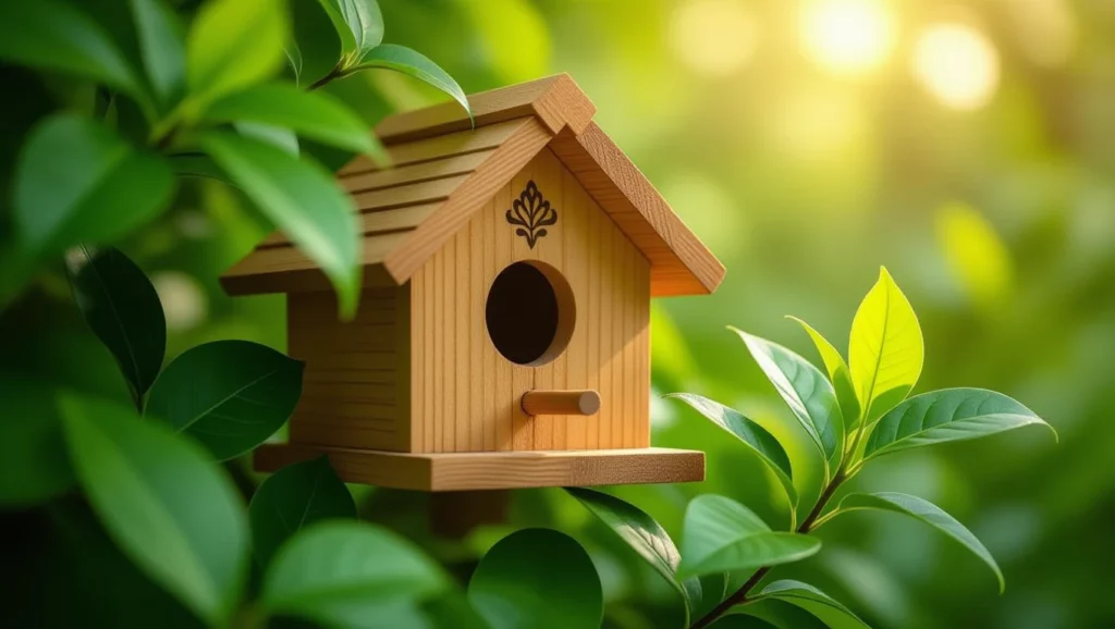 Fából készült odú zöld levelek között, napfényben pompázva.