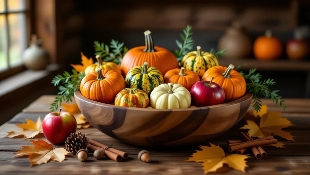 Különböző színű és méretű tökök egy fából készült tálban, őszi dekorációval.