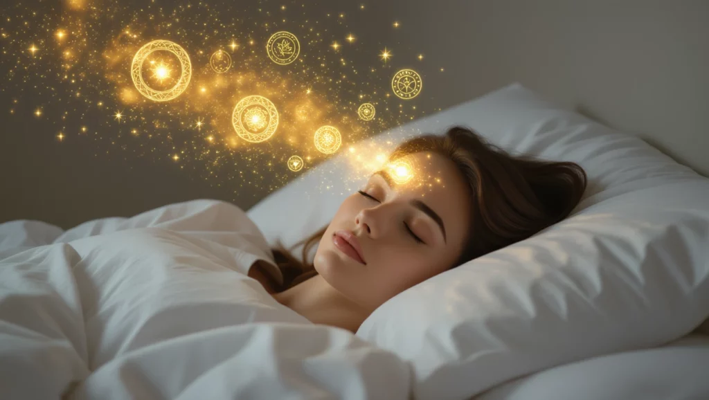 Egy fiatal nő álmodik, miközben fényes szimbólumok lebegnek a feje felett.