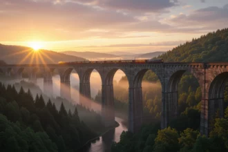 Egy gyönyörű viadukt a napfelkeltében, körülötte zöld dombokkal és ködös erdőkkel.