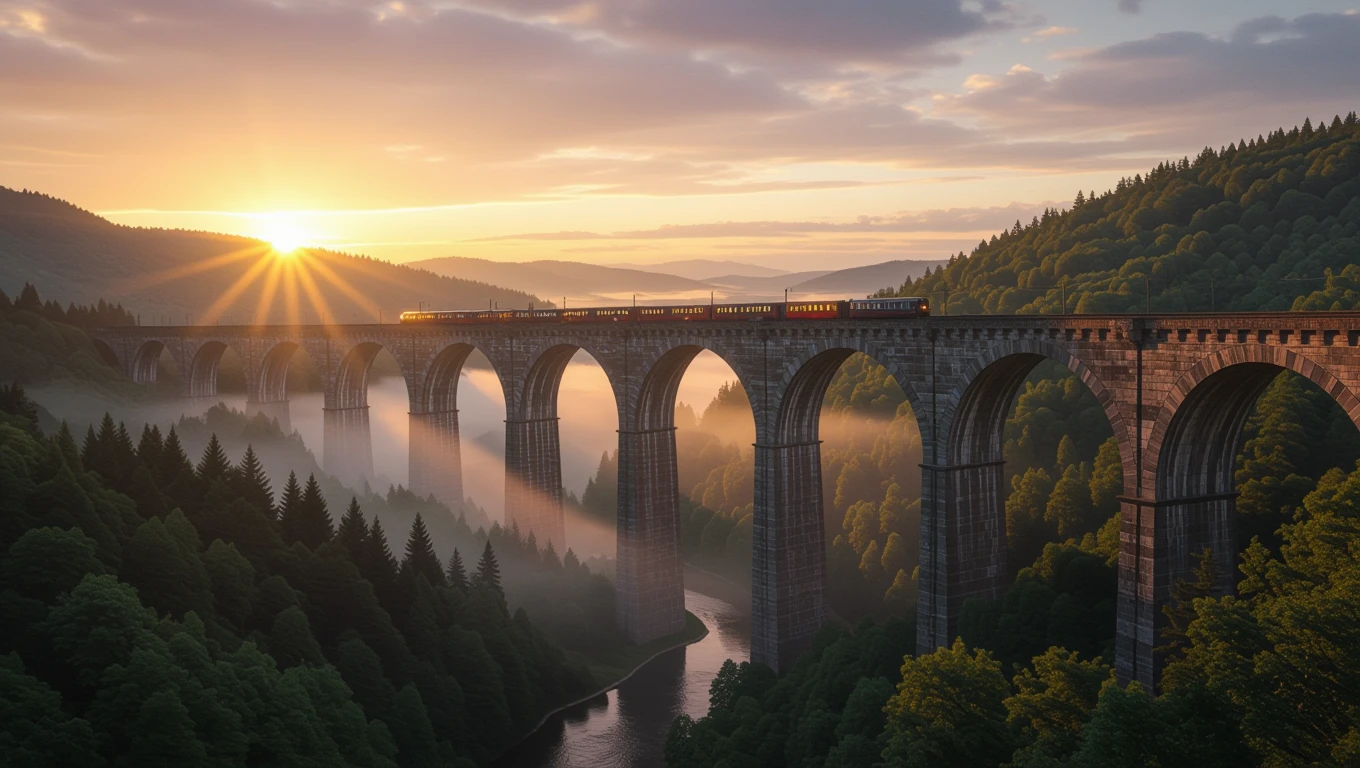 Egy gyönyörű viadukt a napfelkeltében, körülötte zöld dombokkal és ködös erdőkkel.