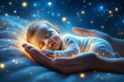 Egy álmoskönyv szimbolikáját megjelenítő baba, aki álomban pihen egy kézben.