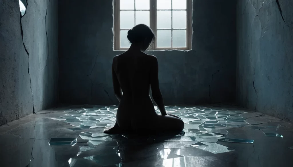 Egy nő háttal ül a földön, körülötte törött üvegszilánkok, sötét környezetben.